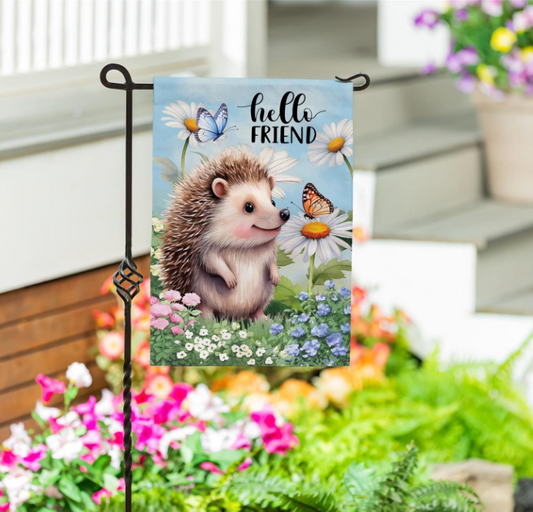 Hedgehog & Daisies Burlap Flag