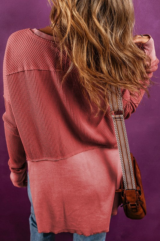 Exposed Seam Slit Neck Waffle Knit Patchwork Top