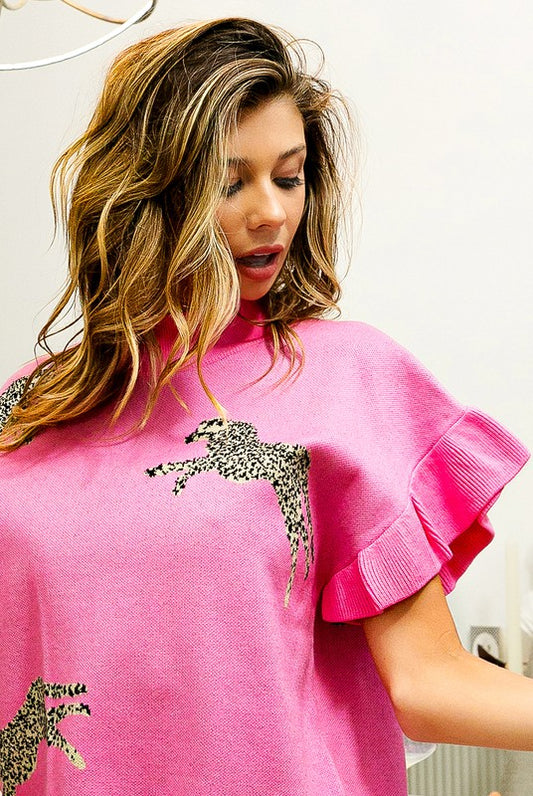 LEOPARD PATTERN SHORT SLEEVE SWEATER TOP