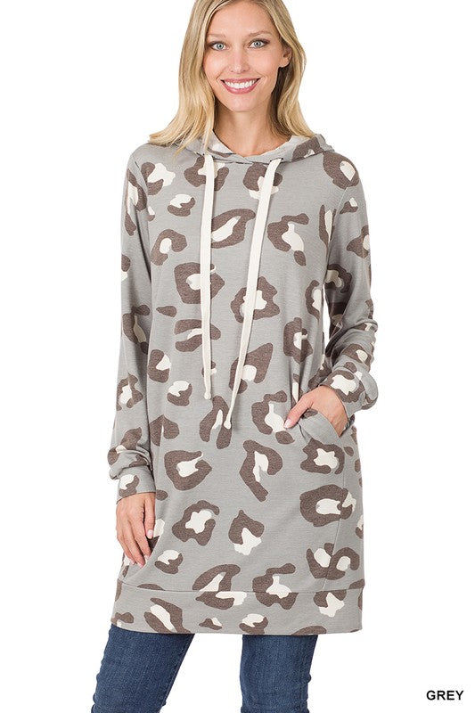 SOFT FRENCH TERRY LEOPARD LONGLINE HOODIE