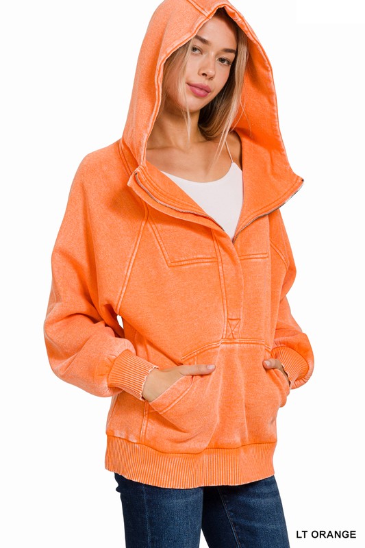 Amy ACID WASH FLEECE OVERSIZED 1/4 ZIP KANGAROO HOODIE LT ORANGE