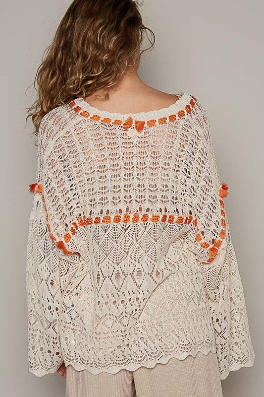 Oversize v-neck long sleeve rope trim cardigan