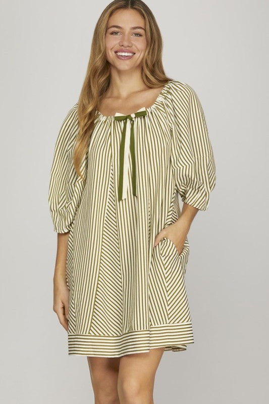 Adrienne Half Sleeve Front Bow Striped Mini Dress