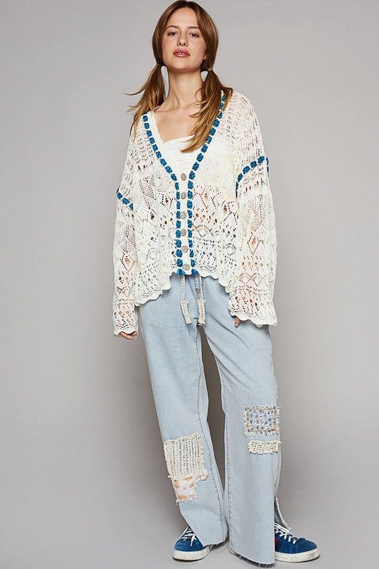 Oversize v-neck long sleeve rope trim cardigan
