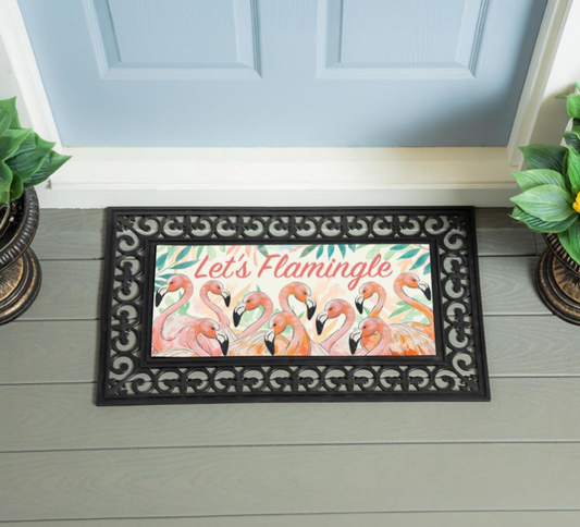 Palm Beach Flamingo Flocked Coir Sassafras Switch Mat, "Let's Flamingle", 22"x10"