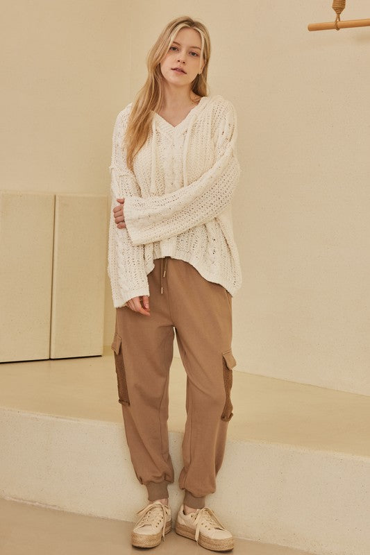 Amy Patterned Sweater With Hoodie And Drawstring