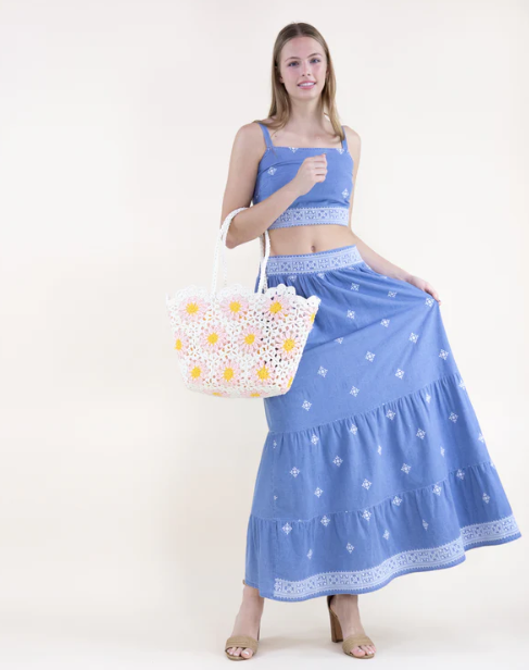 Hand Knitted Crochet Daisy Tote Bag Pink