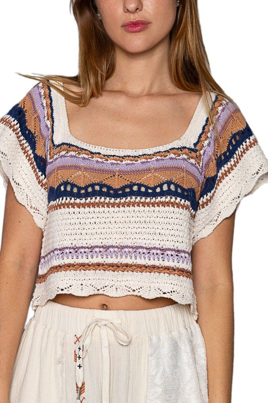 Pol Cropped ethnic pattern square neck sweater top