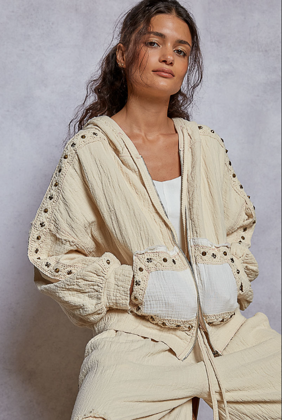 Pol regular fit balloon sleeve hoodie top in double gauze with front pockets