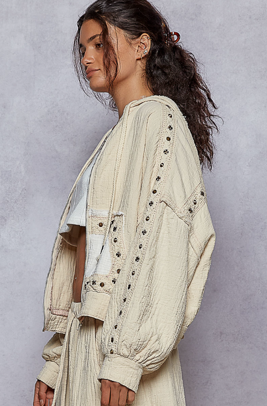 Pol regular fit balloon sleeve hoodie top in double gauze with front pockets