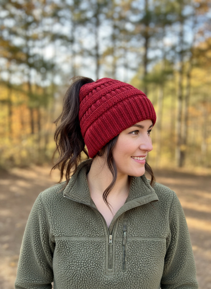 Ponytail / Top Bun Hat Red
