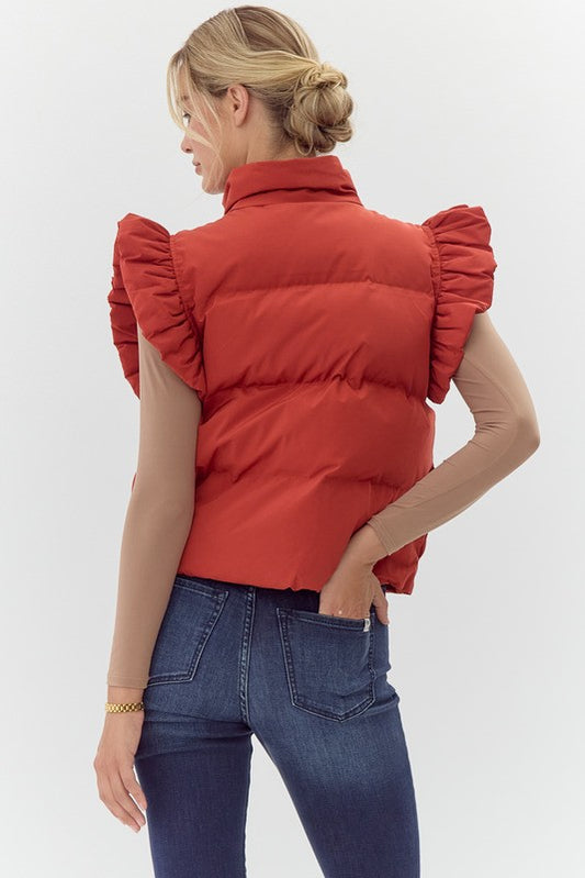 Puffer Ruffly Shoulders Cropped Vest