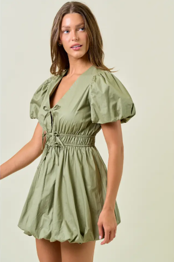 Chamille Puff Sleeve Tie Front Bubble Hem Mini Dress