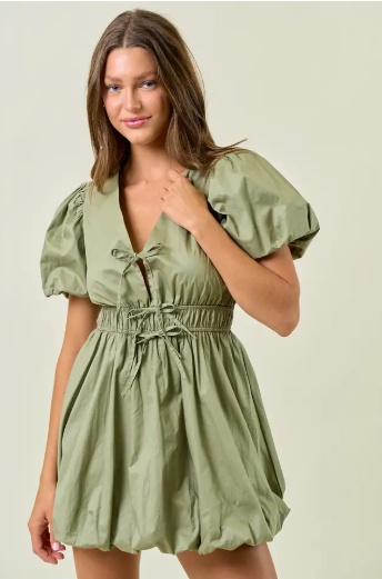 Chamille Puff Sleeve Tie Front Bubble Hem Mini Dress