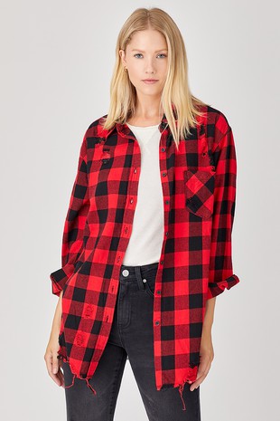 Just Checkin Long Distressed Red and Black Flannel