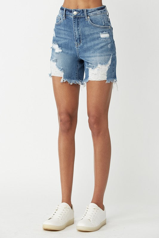 HIGH RISE MID THIGH DISTRESSED SHORTS RRISEN