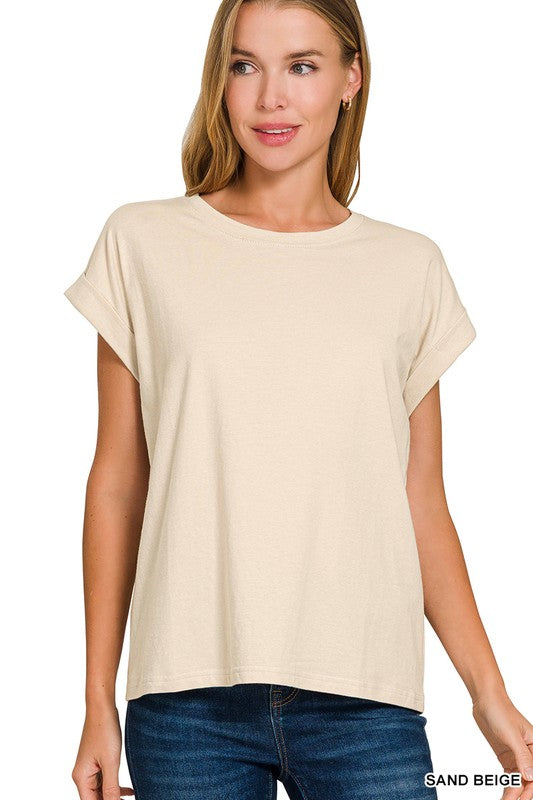 Zenana Round Neck Folded Short Sleeve T-shirt
