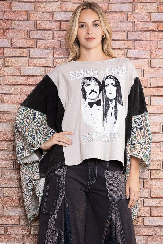 Sonny And Cher Print Pancho Sleeve Top