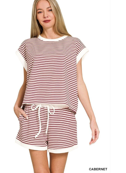 Stripe Contrast Trim Top & Shorts Set