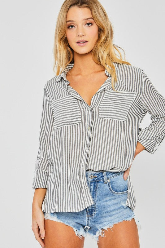Striped Roll Up Long Sleeve Button Down Blouse
