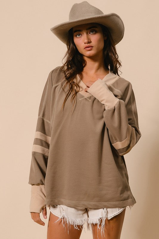 Kate French Terry Color Block V Neck Top with Thumb Opening
