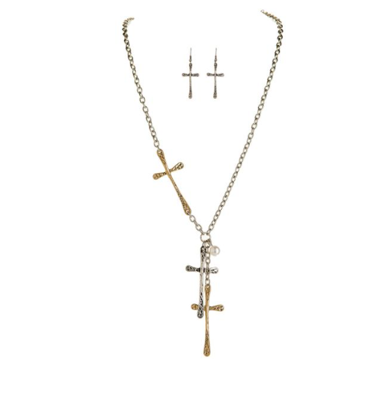 Two Tone Hammered Cross Necklace Set