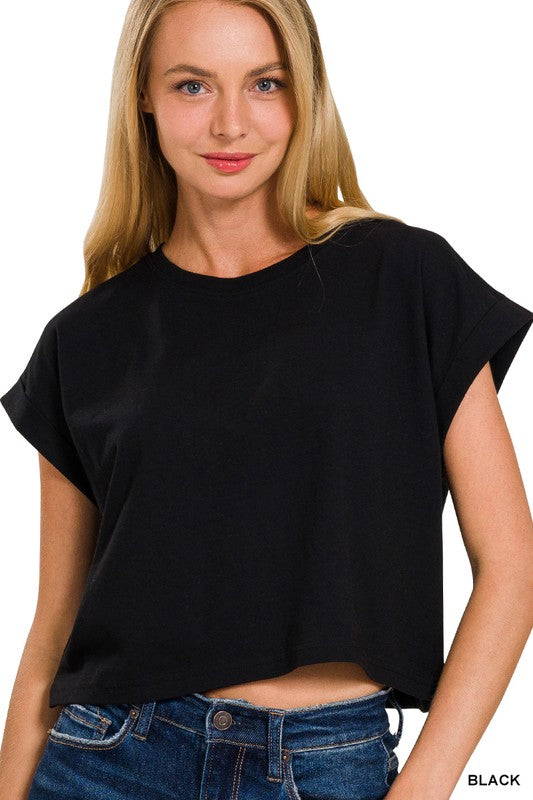 Zenana Cotton Folded Sleeve Top