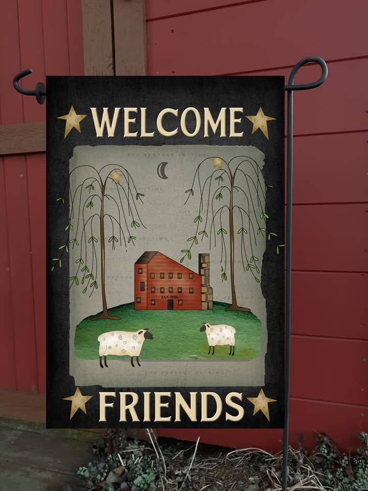 Welcome Friends Red Saltbox Garden Flag G1662
