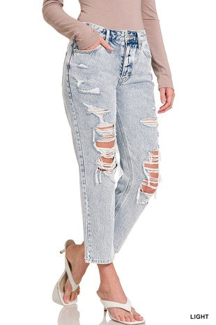 DISTRESSED CROP STRAIGHT DENIM PANTS