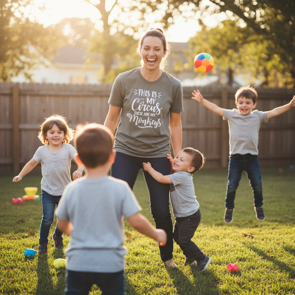 This image displays an olive green T-shirt featuring the playful phrase "This is My Circus; These are My Monkeys" in white script. The shirt is presented on a mannequin, showcasing its fit and design.
