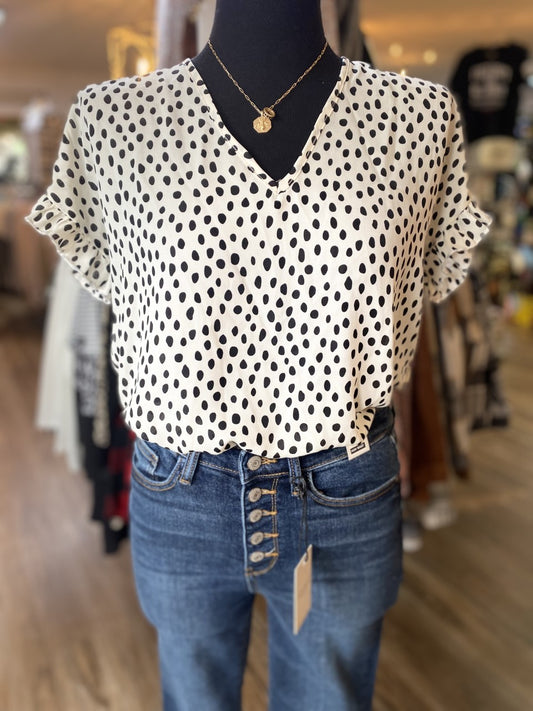 White, Black Dot Flutter Short Sleve Top S