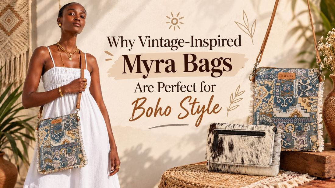 Vintage-inspired Myra bags featuring boho patterns and cowhide textures, styled with a white sundress for a chic bohemian look.