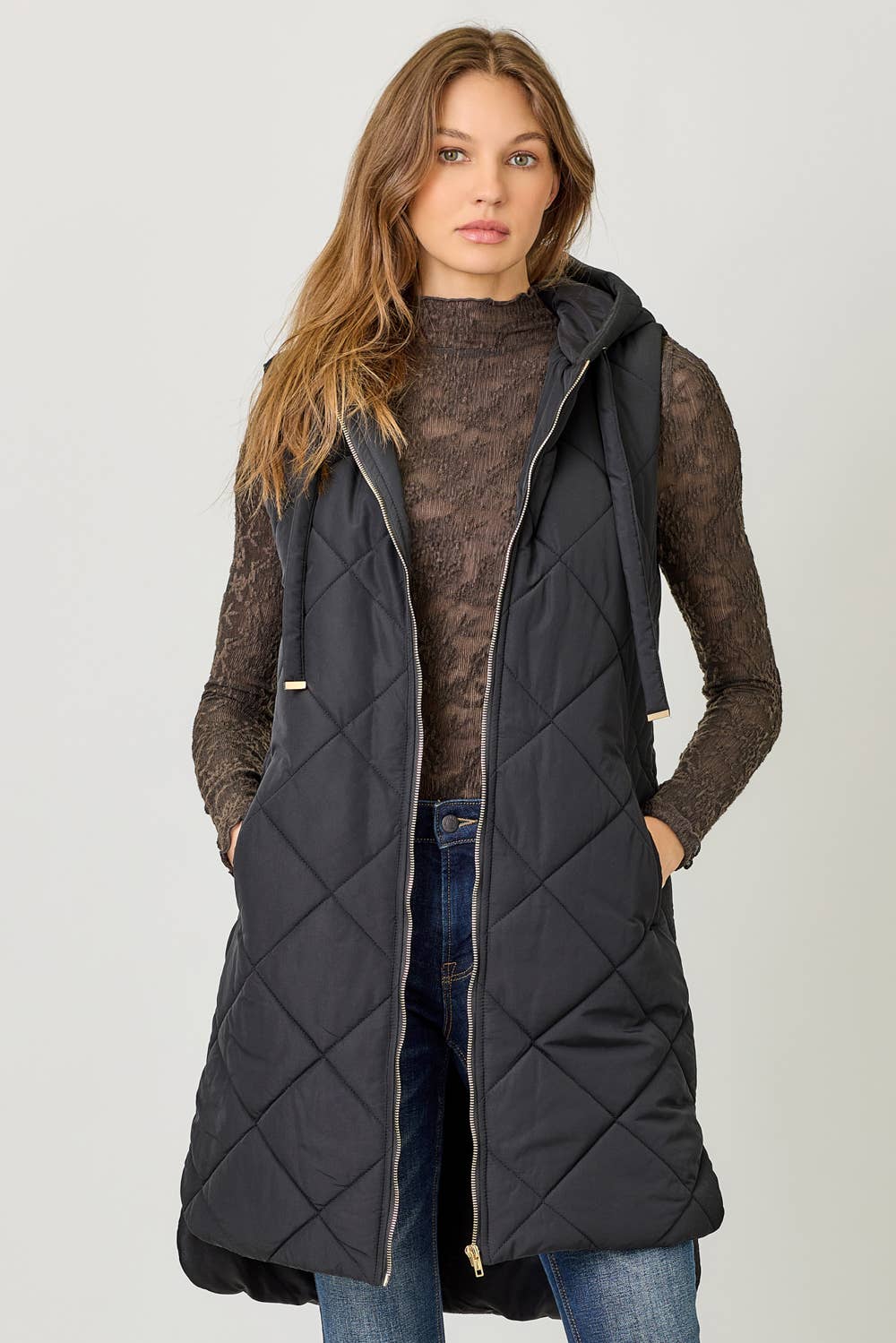 Mystree Quilted Puffer Long Hoodie Vest