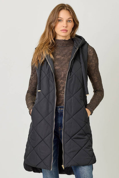 Mystree Quilted Puffer Long Hoodie Vest