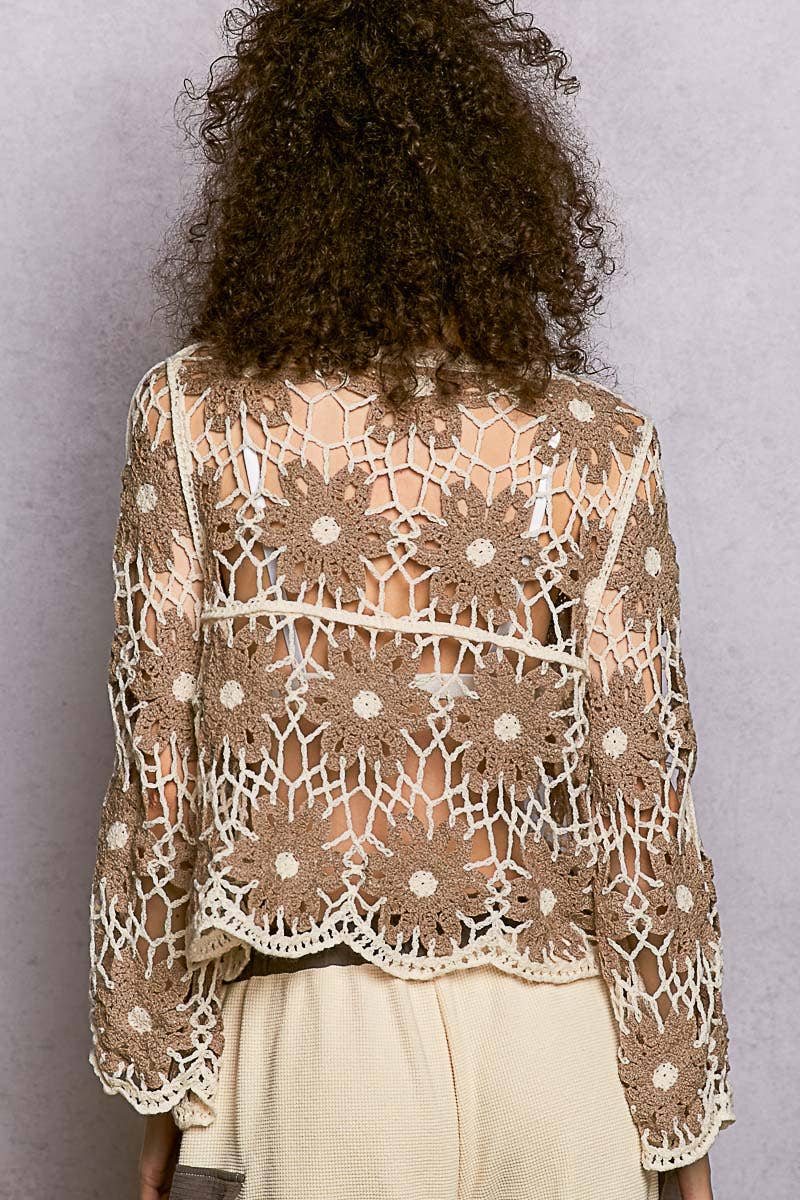 Pol Clothing - Round Neck Floral Weave Knit Long Sleeve Crochet Top
