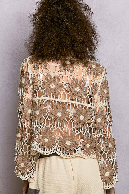 Pol Clothing - Round Neck Floral Weave Knit Long Sleeve Crochet Top