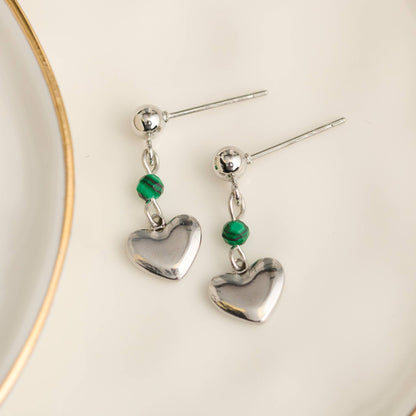 Howard's - Waterproof Earrings Heart Malachite Drop Narelle Silver
