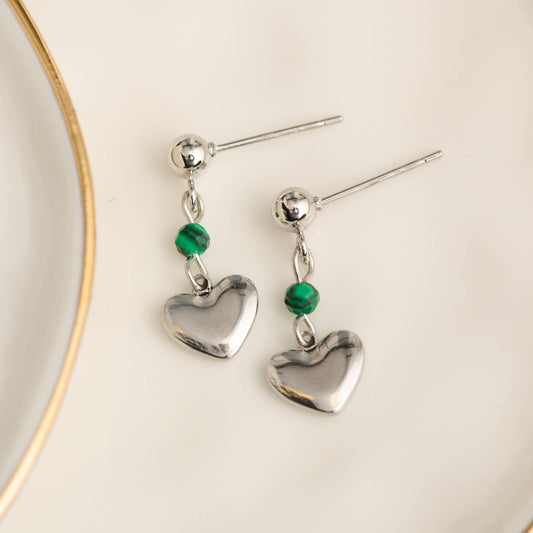 Howard's - Waterproof Earrings Heart Malachite Drop Narelle Silver