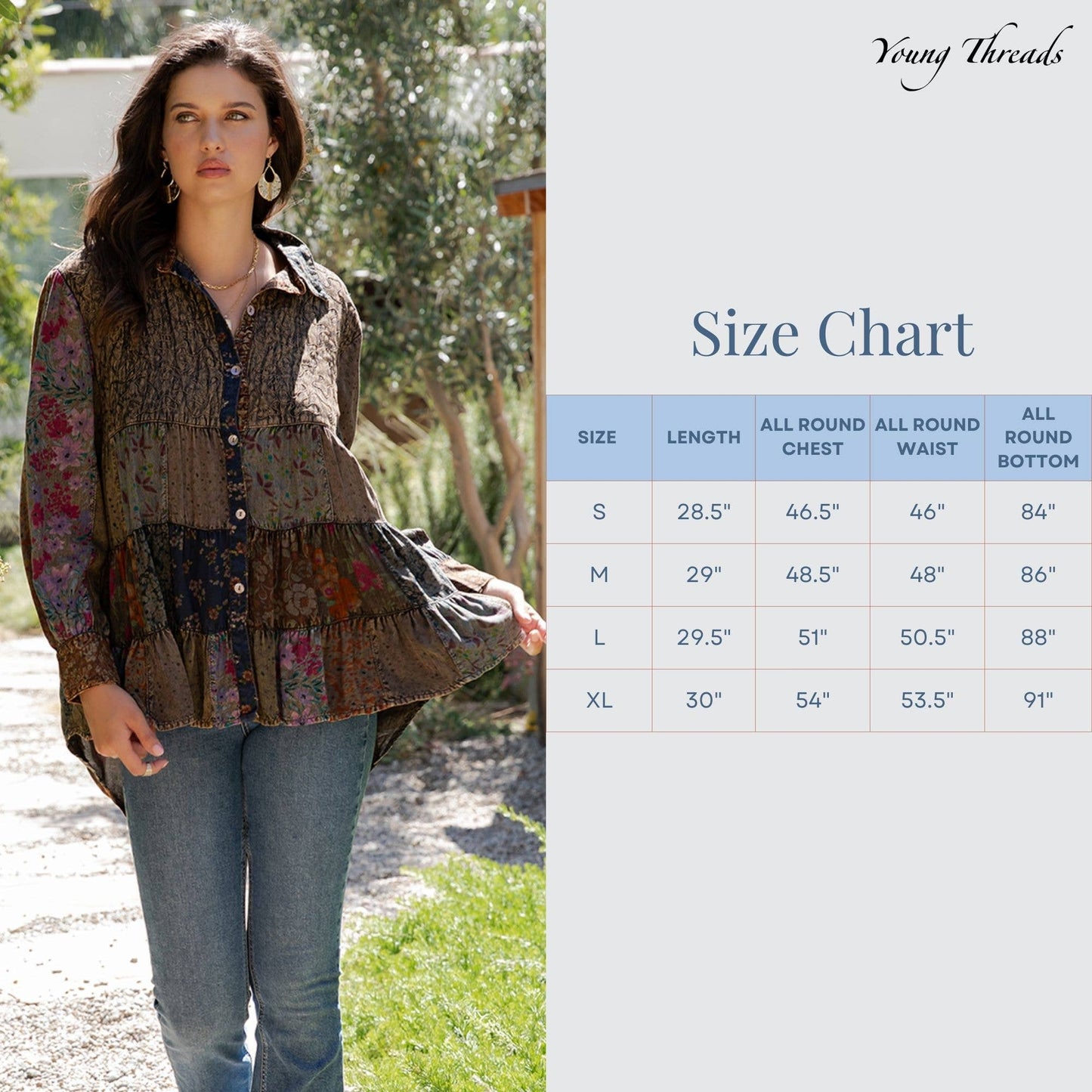 Young Threads - Front-Open Boho Shirt with Quilted Emb & Rayon Tiers