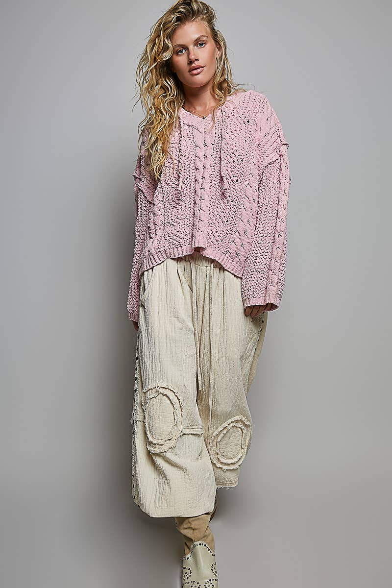 Pol Clothing - Oversize Fit V-neck Hooded Cable Knit Chenille Sweater SALE