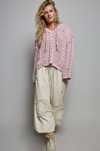 Pol Clothing - Oversize Fit V-neck Hooded Cable Knit Chenille Sweater SALE
