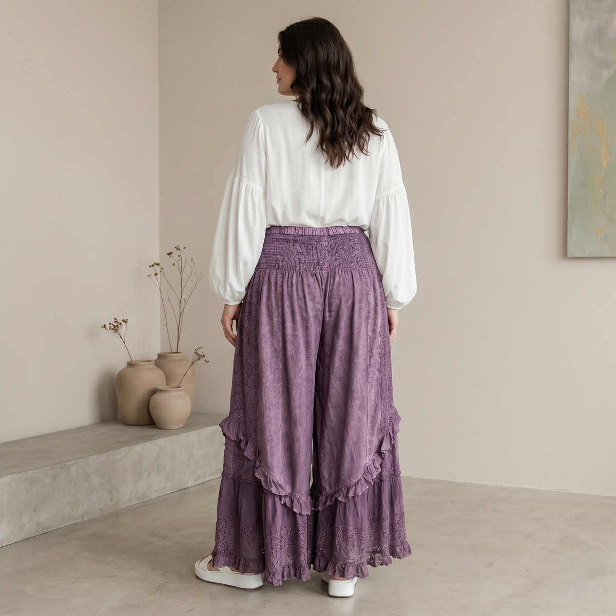 Young Threads - Boho Smocked Mineral Wash Lace Tiered Ruffle Pants NEW