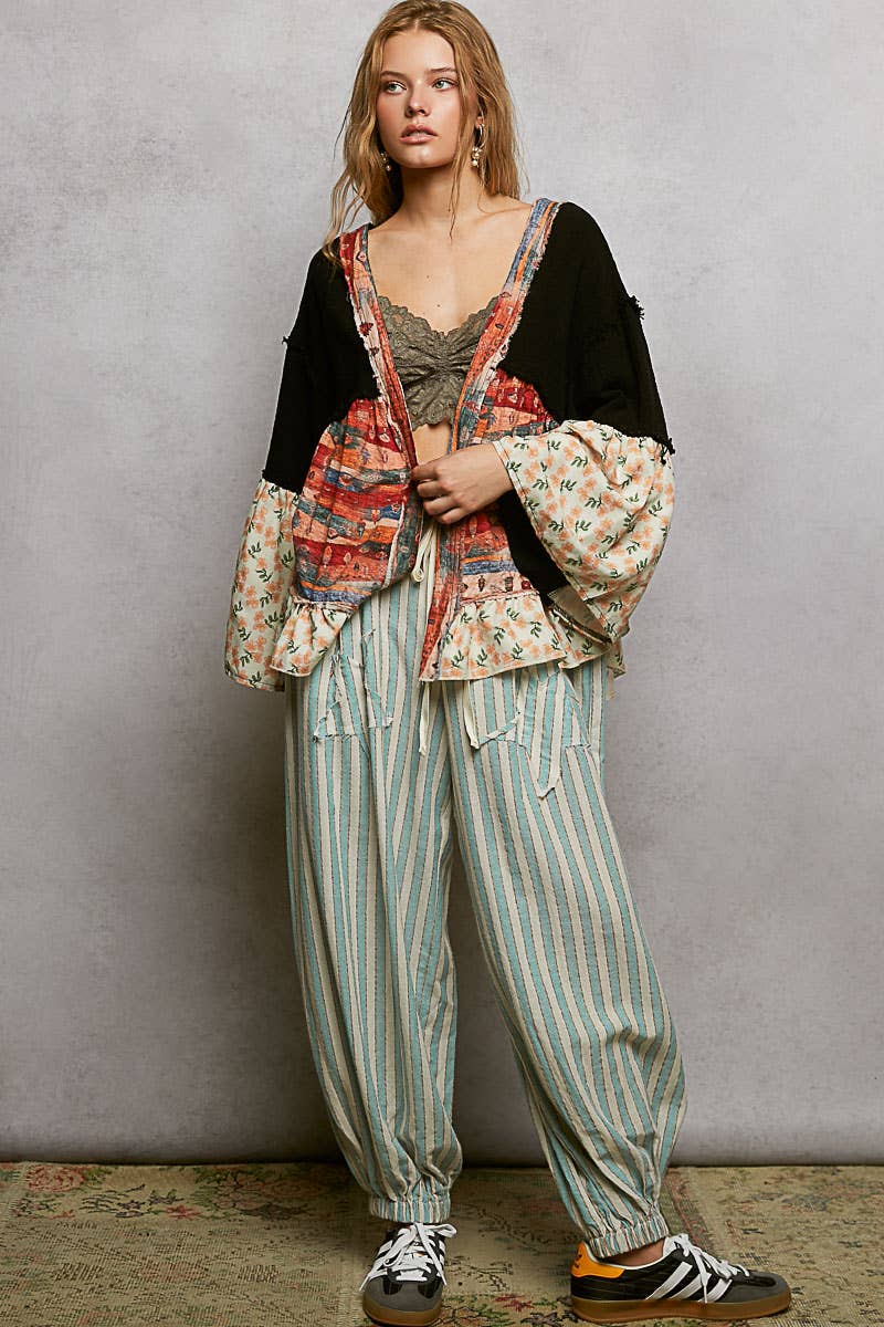 Pol Clothing - Double Gauze Floral Roomy Fit Open Cardigan with V-Back