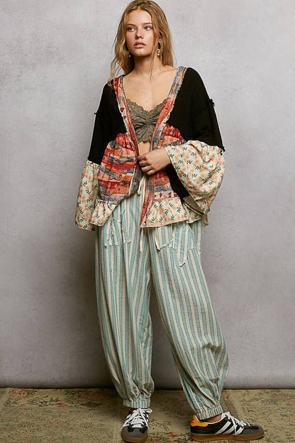 Pol Clothing - Double Gauze Floral Roomy Fit Open Cardigan with V-Back