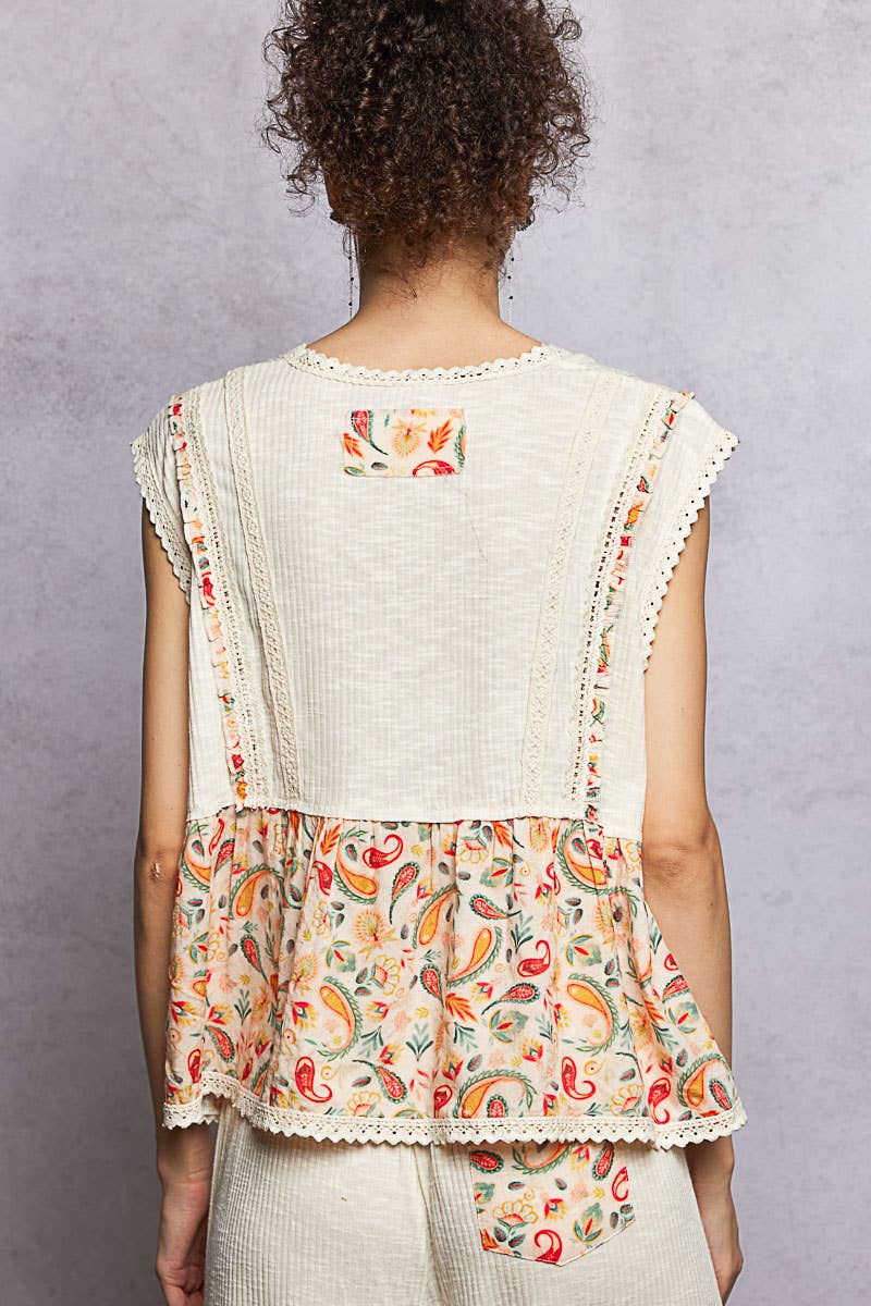 Pol Clothing - V-neck Floral Pattern Trim Ruffle Rib Knitted Sleeveless Top