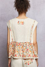 Pol Clothing - V-neck Floral Pattern Trim Ruffle Rib Knitted Sleeveless Top