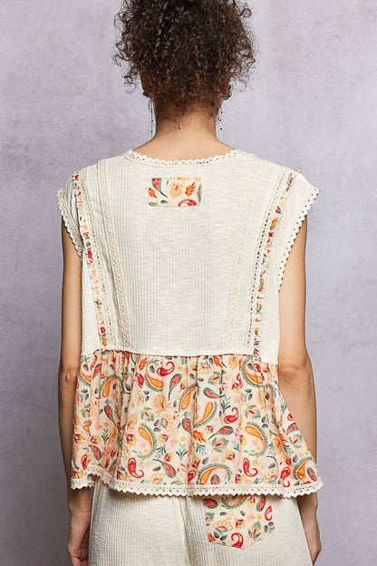 Pol Clothing - V-neck Floral Pattern Trim Ruffle Rib Knitted Sleeveless Top