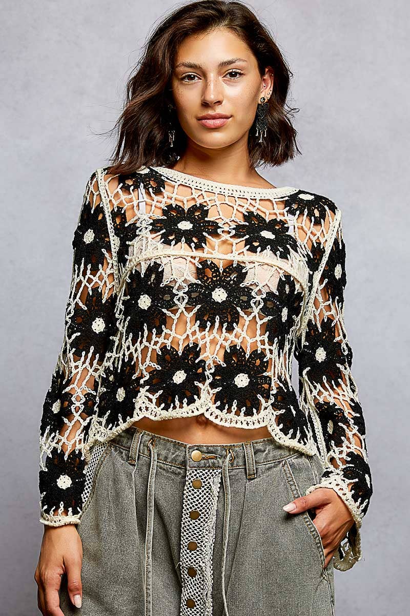 Pol Clothing - Round Neck Floral Weave Knit Long Sleeve Crochet Top