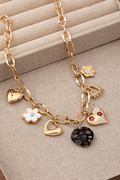 CHARM NECKLACE-HEARTS FLOWER  RHINESTONE