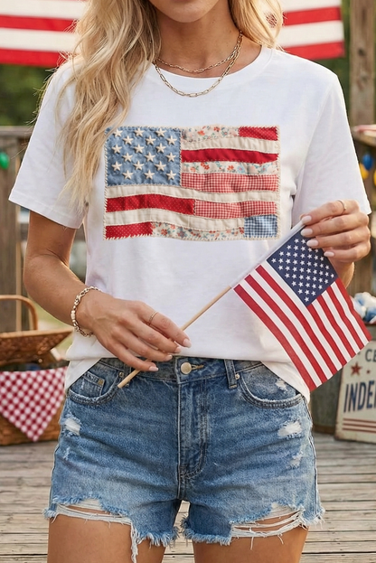 4th of july Faux Patchwork Printed US Flag Casual Tee